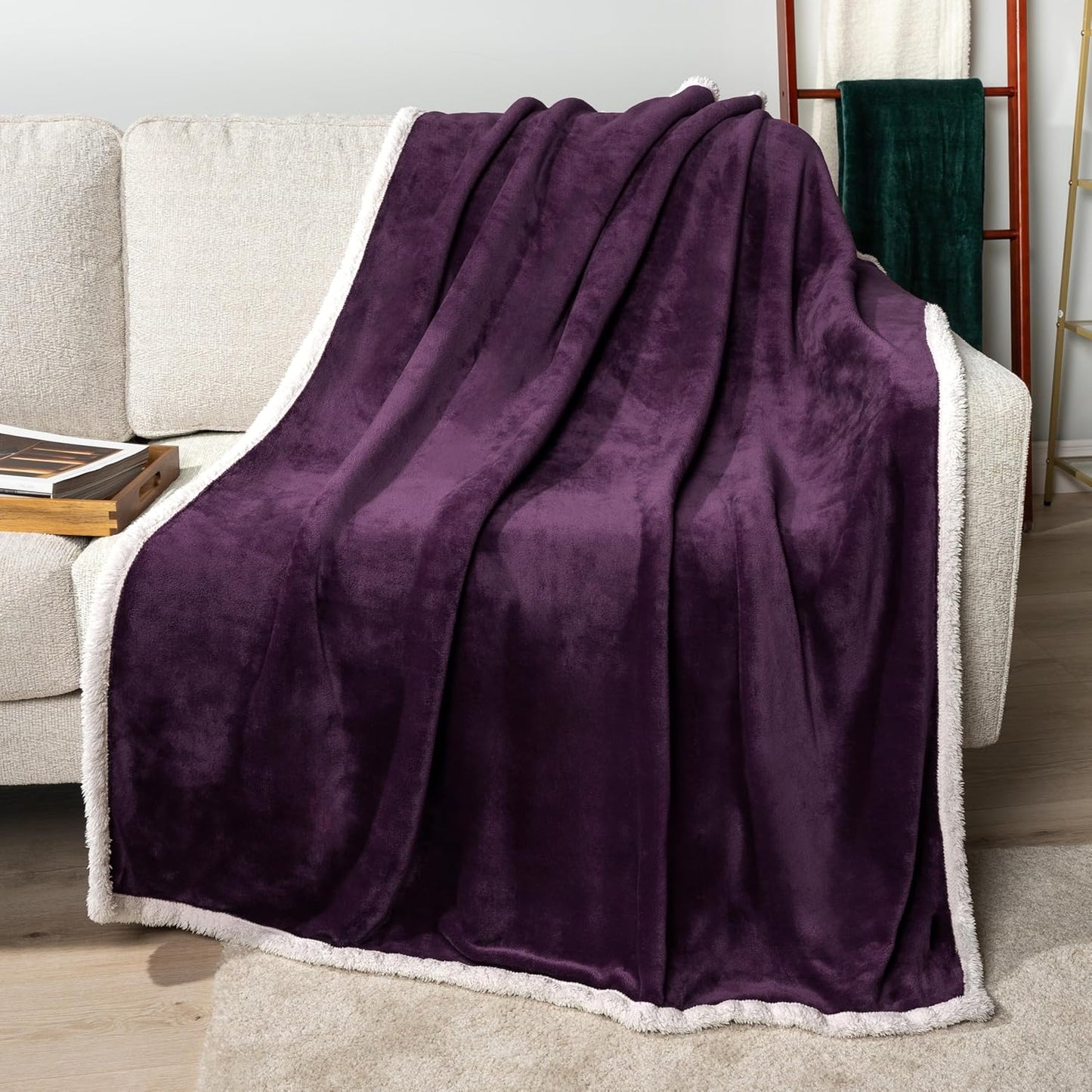 PAVILIA Sherpa Fleece Throw Blanket for Couch, Purple, Plush Soft Fuzzy Sofa Blanket, Cozy Reversible Winter Throw for Women Men, 50x60 Inches