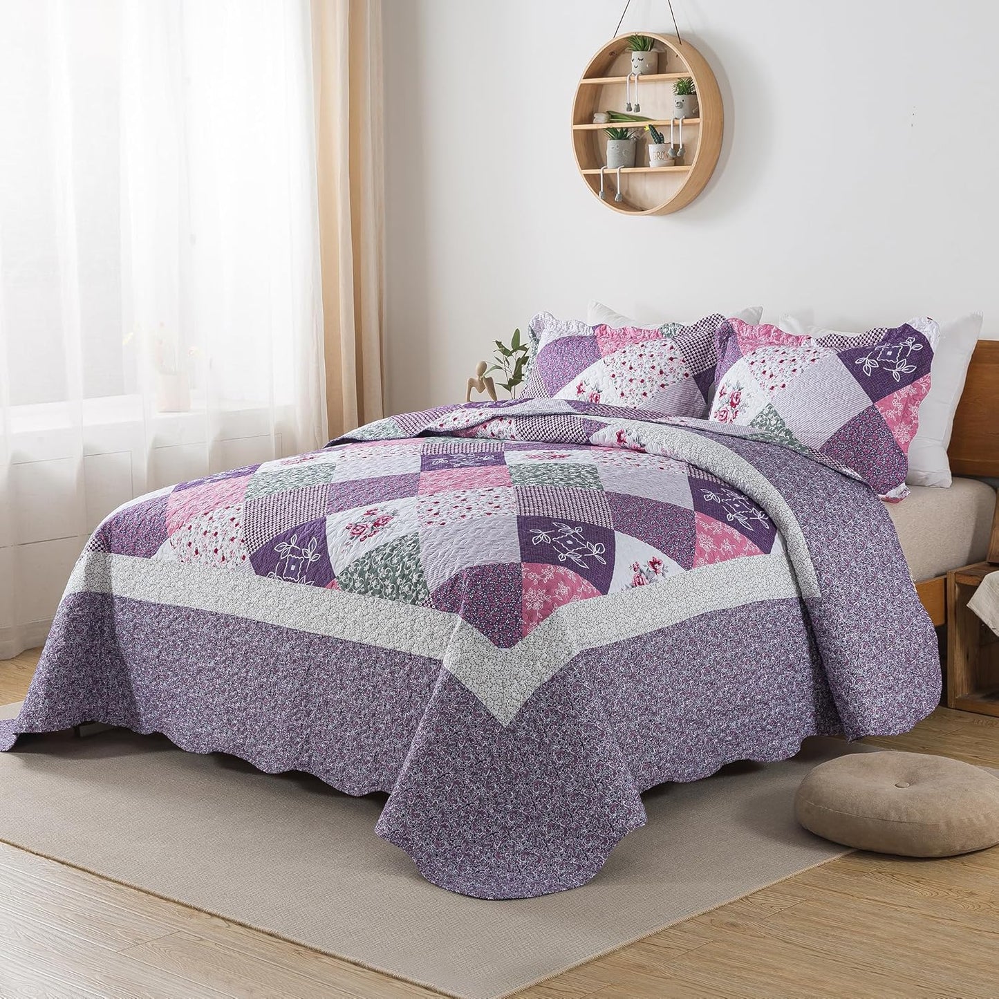 HoneiLife Oversized King Quilt 120x120-3 Pcs California King Bedspreads, Extra Large Quilt Sets All Season Use,Rustic Bedding Sets King Size,Reversible Coverlet Microfiber Bed Quilts, Purple