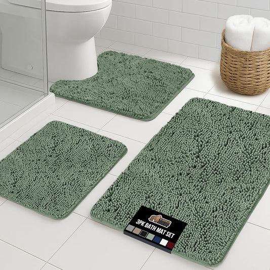 GORILLA GRIP Bathroom Rug Sets 3 Piece, Bath Mat Set and Oval Toilet Base with Rubber Backing, Plush Absorbent Shaggy Chenille Washable Mats, Includes 24x19.5, 24x17 and 30x20 Inch Rugs, Sage