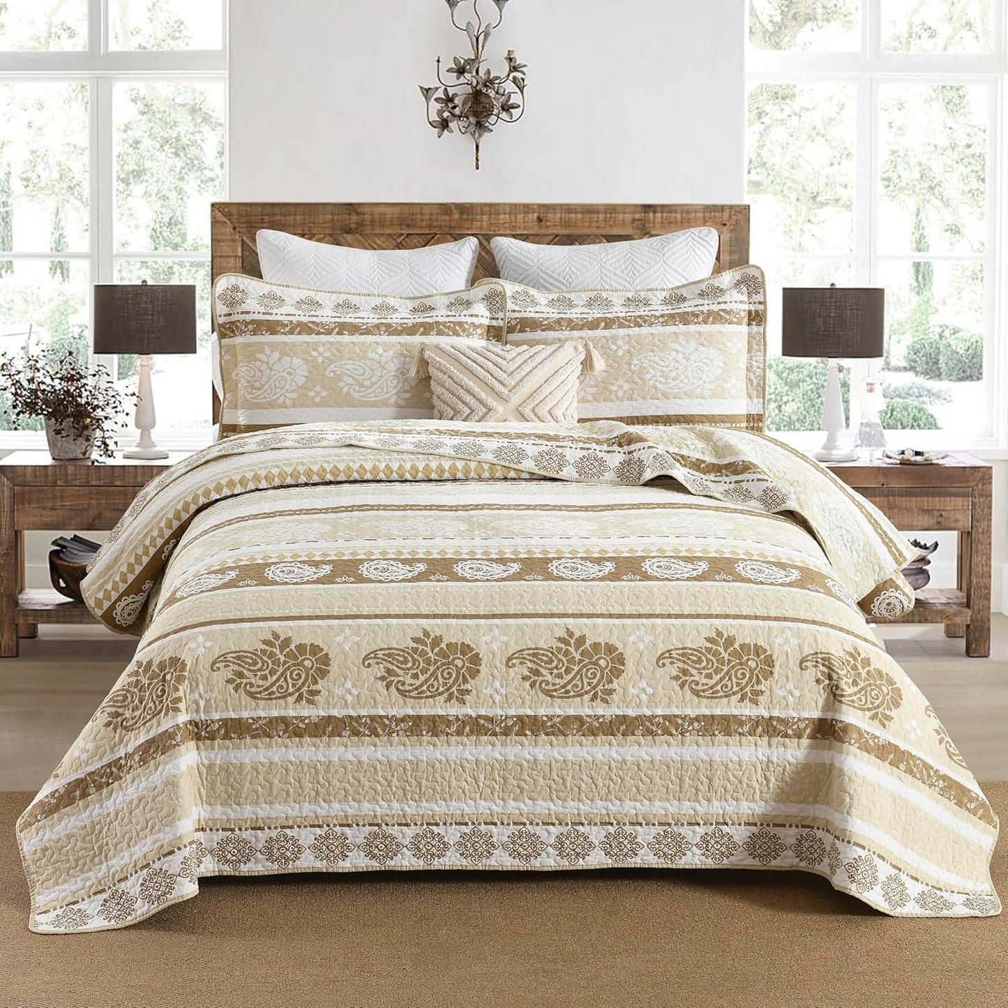 Quilt Bedding Set Queen Size, Cotton Comforters Set Queen Size, Brown Taupe Quilts Bedspread for The Bed, Farmhouse Lightweight Bedding (90 * 98 Inch) and 2 Pillow Shams All Season
