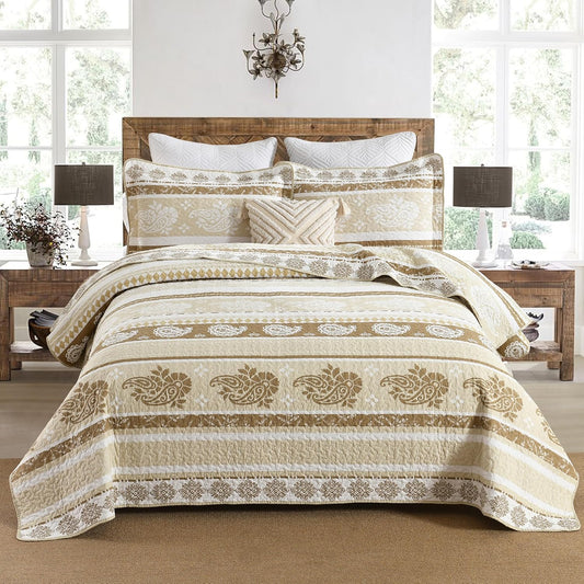 Bedding Set, King Size Quilt, Cotton Bedding Comforter Sets, Brown Taupe Striped Pattern Bed Set, Lightweight Reversible Bedspreads, Machine Washable Coverlet Neutral 3 Pieces