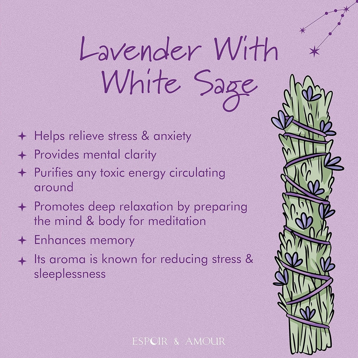 ESPOIR & AMOUR Lavender Sage - 3 Spiritual White Sage & Lavender Smudge Stick for Cleansing Negativity - 4 Inch Hand-Tied Stick