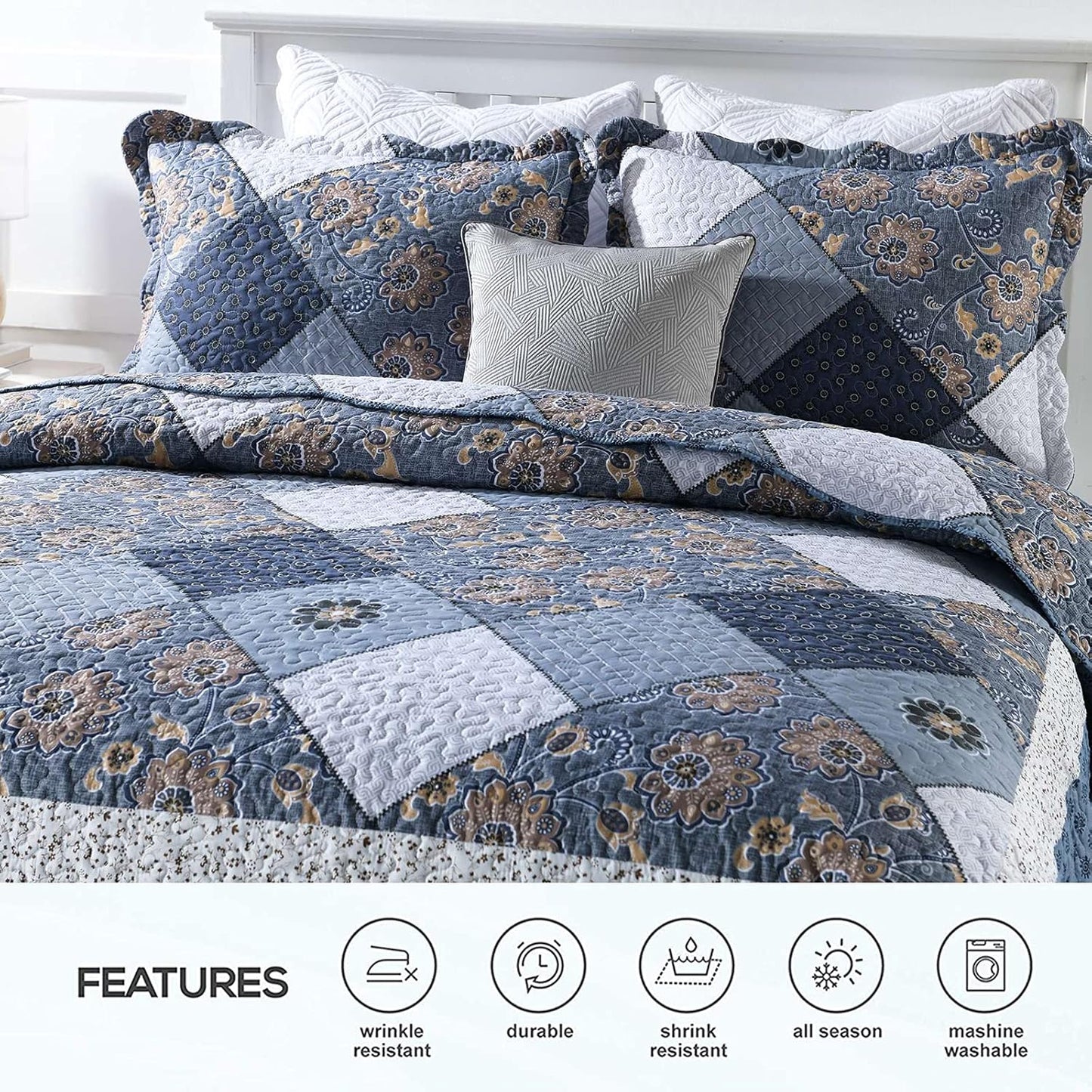 ENJOHOS Navy Blue Plaid Floral Quilt Set King Size 98"x106", 3 Pcs Boho Bedspread Coverlet Set for All Season, Patchwork Reversible Bedding Set King