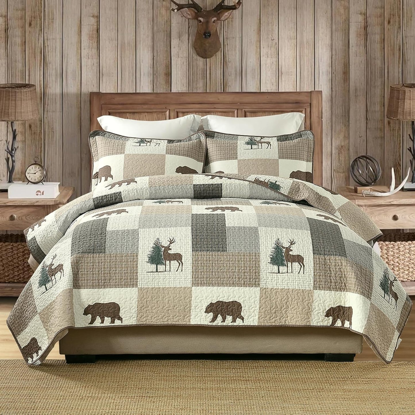 Uniclinens Plaid Quilt Set King Size, 100% Cotton Patchwork Quilts, Brown Farmhouse Lightweight Quilted Comforter, Soft Rustic Bedspread, 3 Pieces Set with 2 Pillowshams, Beige/Brown/Gray