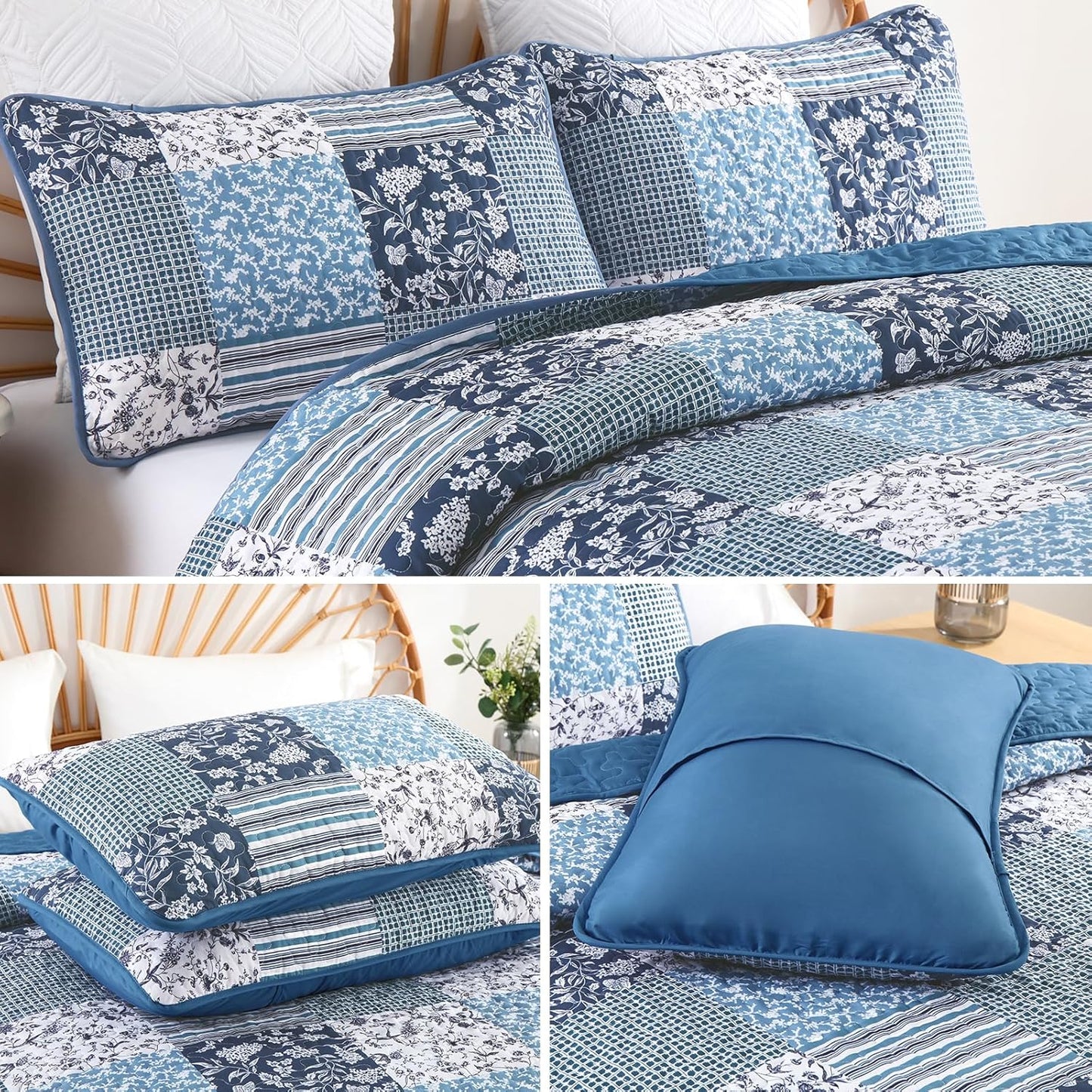 Mybedsoul Navy Blue Quilt Set King Size, 3 Pieces Plaid Floral Bedspread Set Patchwork Reversible Bedding Set Microfiber Lightweight Bedspread Coverlet Set for All Season 110"x90"