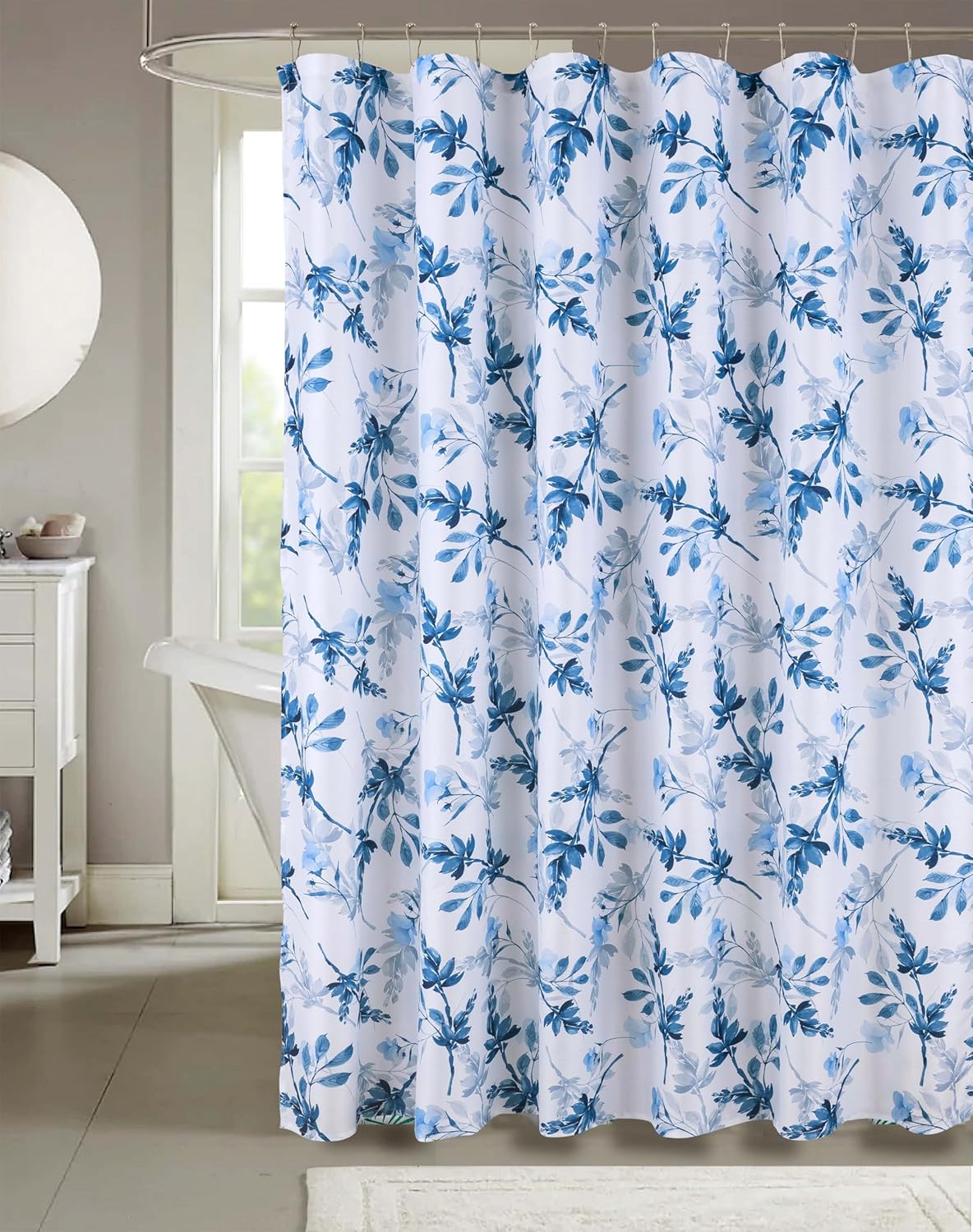 Serafina Home Hotel Quality Fabric Bathroom Shower Curtain: Floral Leaf Damask - Blue, Teal and White (72 x 70 inches)