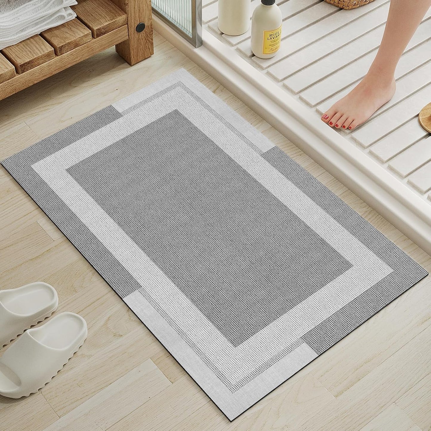 Non Slip Bath Mat, Rubber Backing Ultra Thin Bathroom Rugs Fit Under Door Quick Dry Super Absorbent Washable Bath Rug Shower Mat for Bathroom Floor Bathtub Shower Sink, Easy Care Gray 16"x 24"
