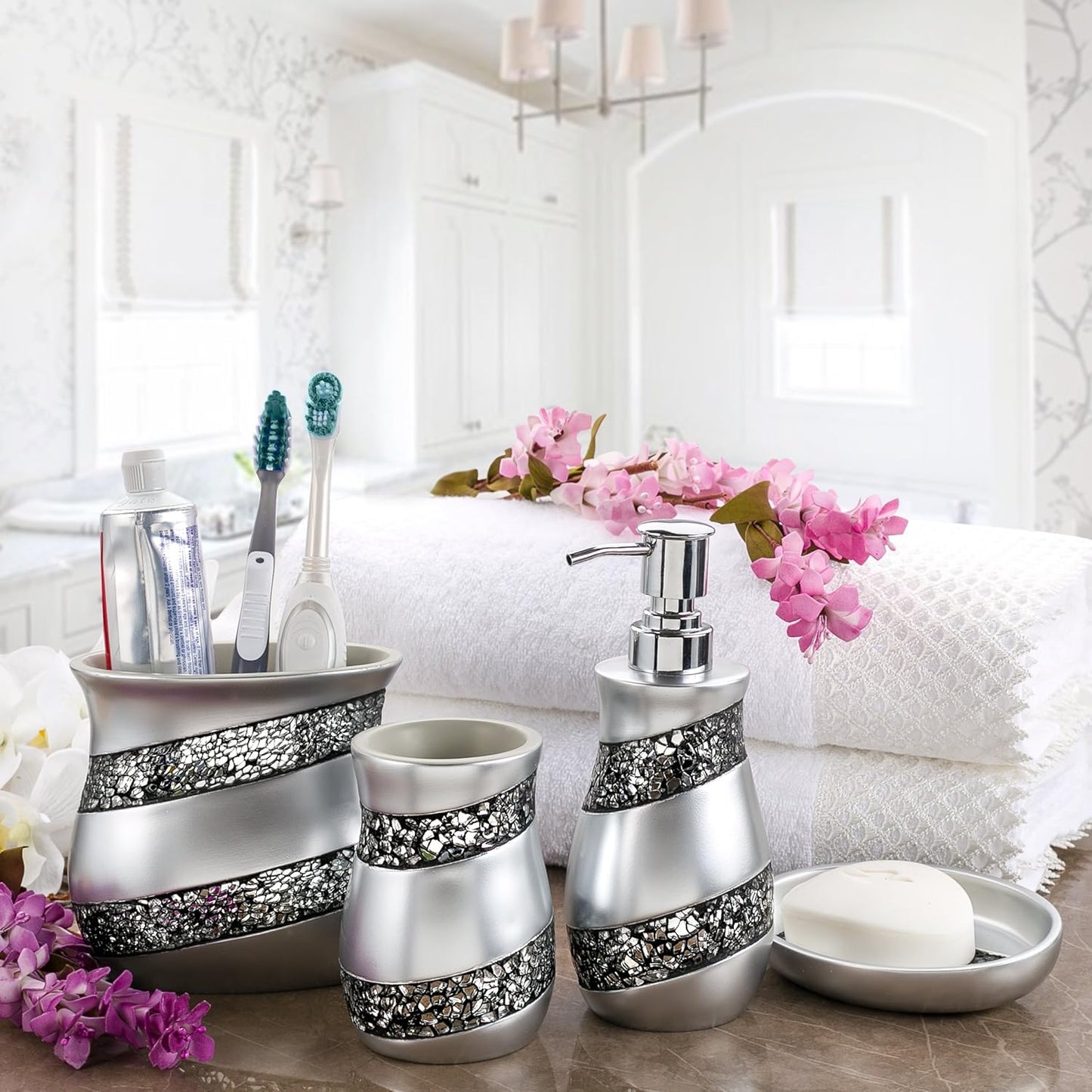 Creative Scents Silver Bathroom Accessory Set - Mosaic Glass Bathroom Soap Dispenser Set; 4-Piece Bathroom Set Includes: Lotion Dispenser, Toothbrush Holder, Tumbler & Soap Dish - Gift Packaged