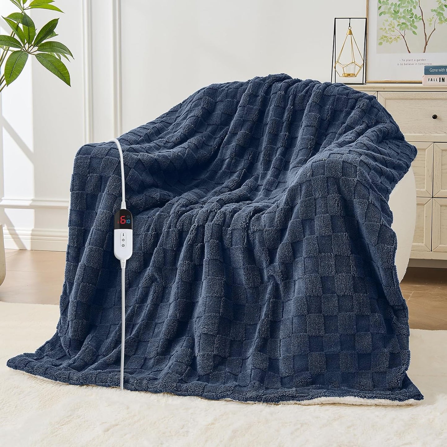 Electric Heated Blanket Full Size - Jacquard Checkered Sherpa 72"x84" Fast Heating Bed Blankets with 6 Heating Levels & 10 Hours Auto Off, Over-Heat Protection ETL, Navy Blue