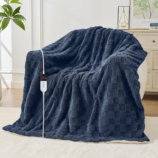 Electric Heated Blanket Twin Size - Jacquard Checkered Sherpa 62"x84" Fast Heating Bed Blankets with 6 Heating Levels & 10 Hours Auto Off, Over-Heat Protection ETL, Navy Blue