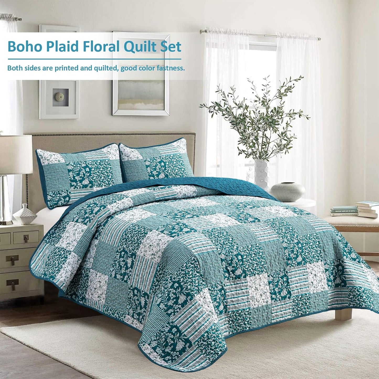 Mybedsoul Teal Blue Quilt Set Queen Size 3 Pieces Boho Plaid Turquoise Floral Bedspread Set Microfiber Lightweight Bohemian Bedding Bedspread Coverlet Set for All Season 90"x96"