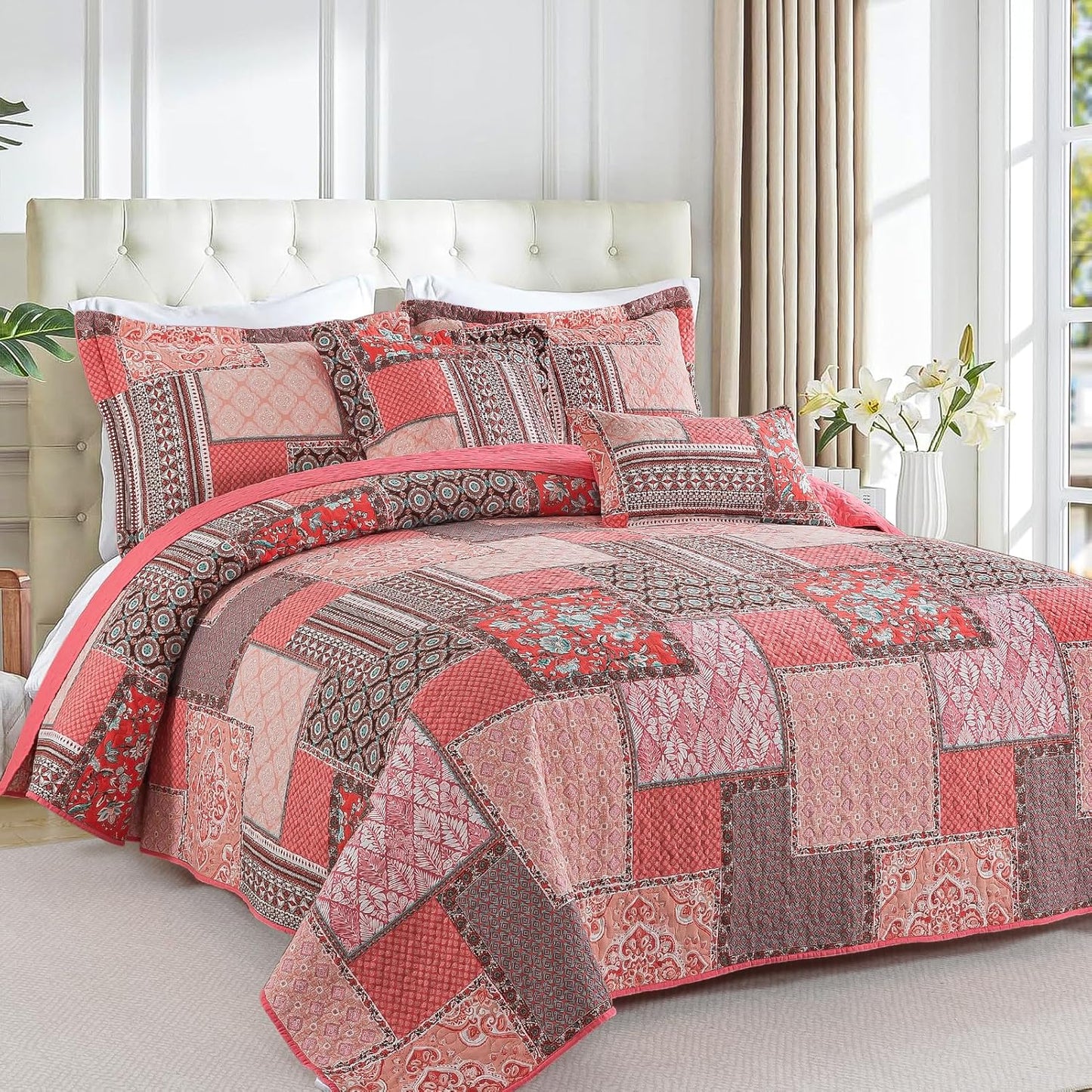BEDIFANY Cotton King Quilt Set, Farmhouse King Size Quilt Bedding Set with 2 Pillow Shams, 3 PCs Lightweight King Size Bedspreads for Bed Decorations - All Seasons Coverlet Sets