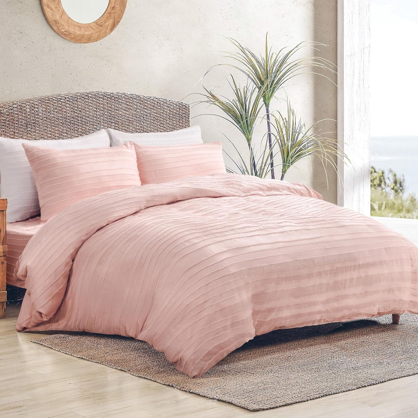 NEXHOME PRO California King Duvet Cover, Pink 3 Pieces Boho Tufted Duvet Cover Set, Soft and Lightweight Microfiber Comforter Cover Set for All Season (Pink Cal King, 104 x 98)-No Comforter