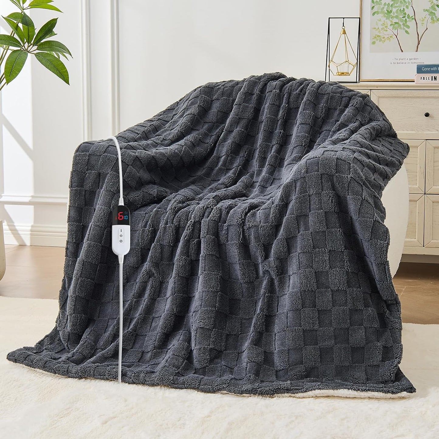 Electric Heated Blanket Twin Size - Jacquard Checkered Sherpa 62"x84" Fast Heating Bed Blankets with 6 Heating Levels & 10 Hours Auto Off, Over-Heat Protection ETL, Dark Gray