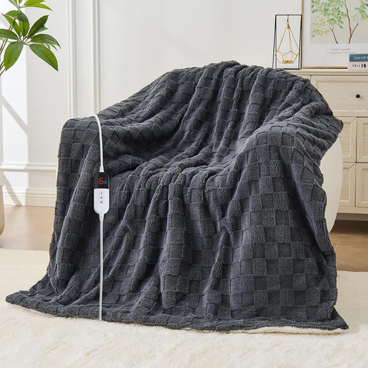 Electric Heated Blanket Twin Size - Jacquard Checkered Sherpa 62"x84" Fast Heating Bed Blankets with 6 Heating Levels & 10 Hours Auto Off, Over-Heat Protection ETL, Dark Gray