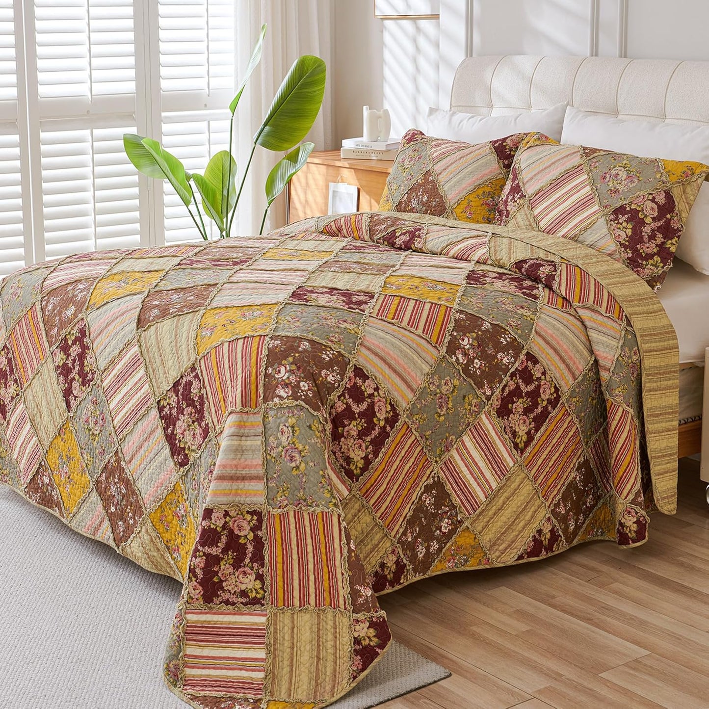 Cmfshape Floral Quilt Sets Bedspread Set 100% Cotton Patchwork Bedding Set, All Season Use Lightweight Reversible Coverlet Quilts with 2 PillowShams(King 106"x96")