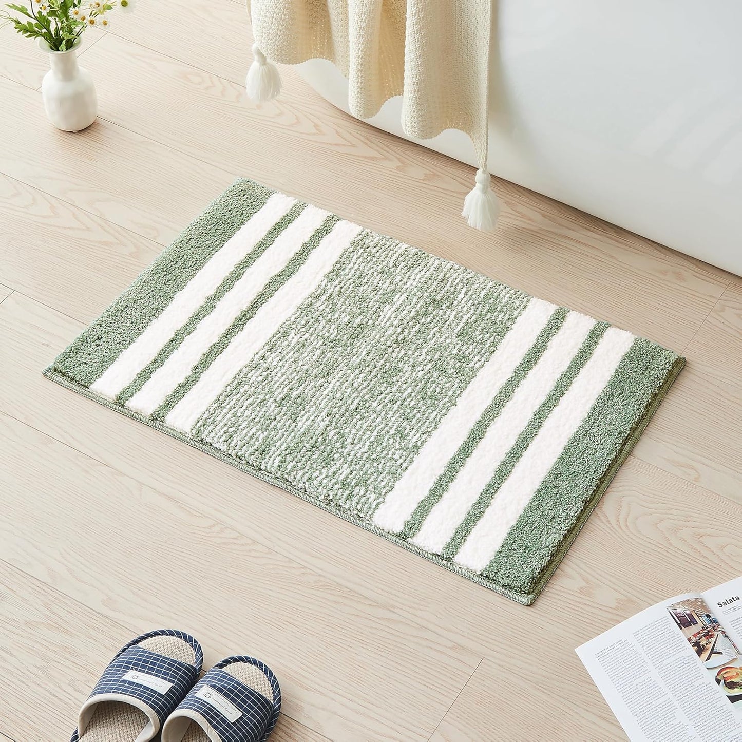 CozeCube Bath mats for Bathroom Non Slip, Fluffy Absorbent Microfiber Bath mat Washable, Aesthetic Bathroom Rugs, Cute Sage Green Striped Bath mat, Sage Green, 32" x 20"