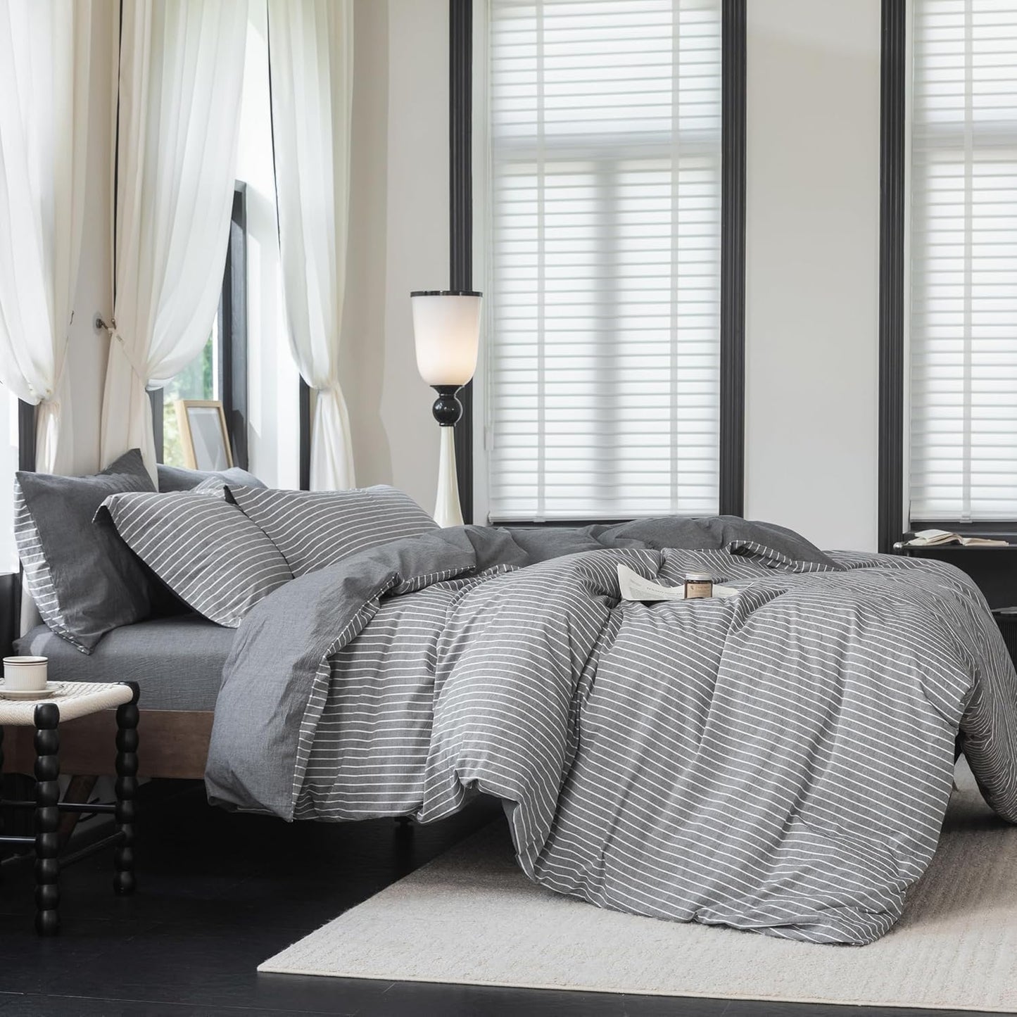 Reversible Duvet Cover Set 100% Washed Cotton Dark Grey Pinstripe Linen Feel Duvet Cover Queen Size with Zipper Closure & 2 Pillow Shams,Dark Grey/White Stripe Reverse Solid Dark Grey