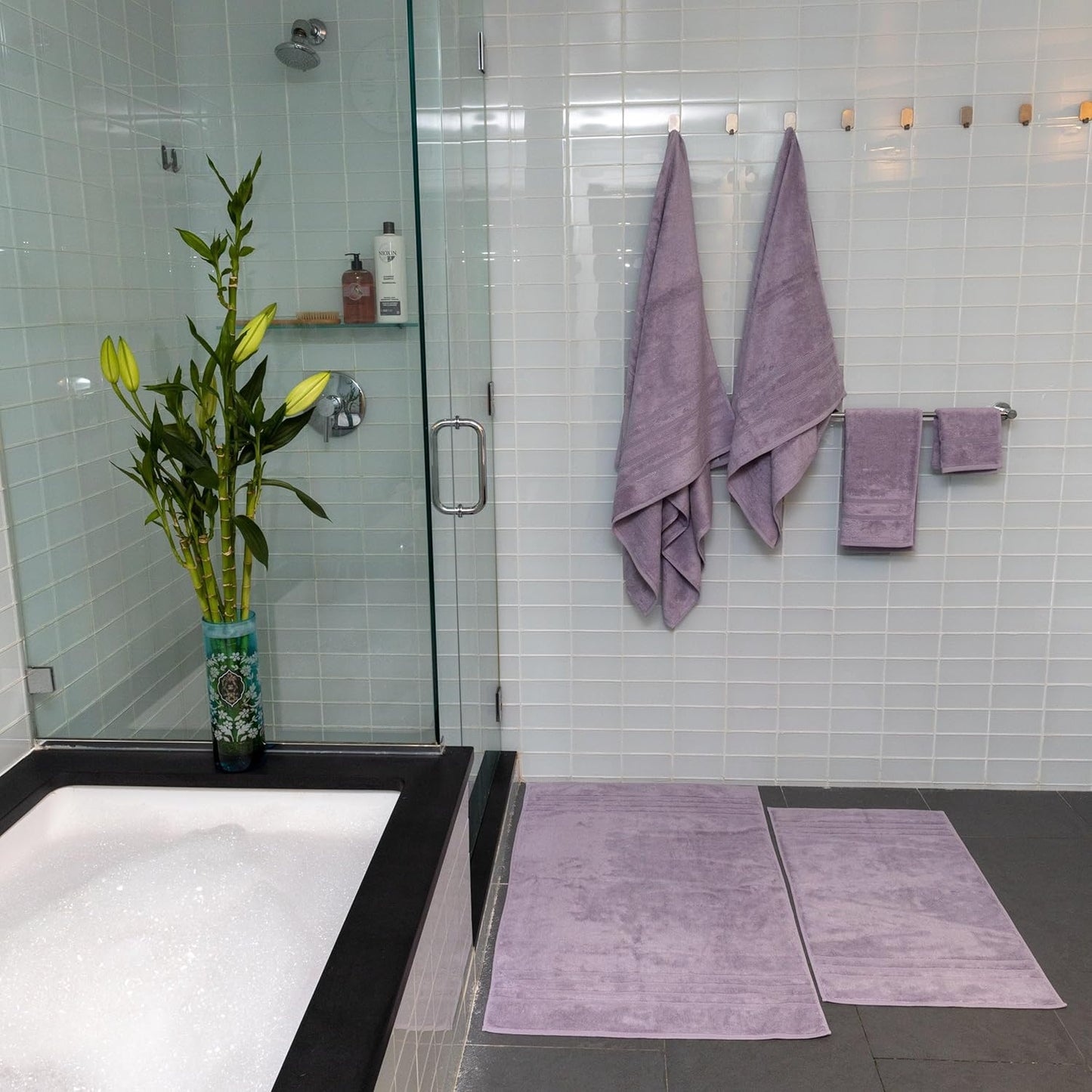 Mosobam Luxury Turkish 14pc Deluxe Bath Bundle Body Hand Face Towel and Mat Lavender Aura 700 GSM & 1000 GSM Bamboo Viscose & Aegean Turkish Combed Cotton