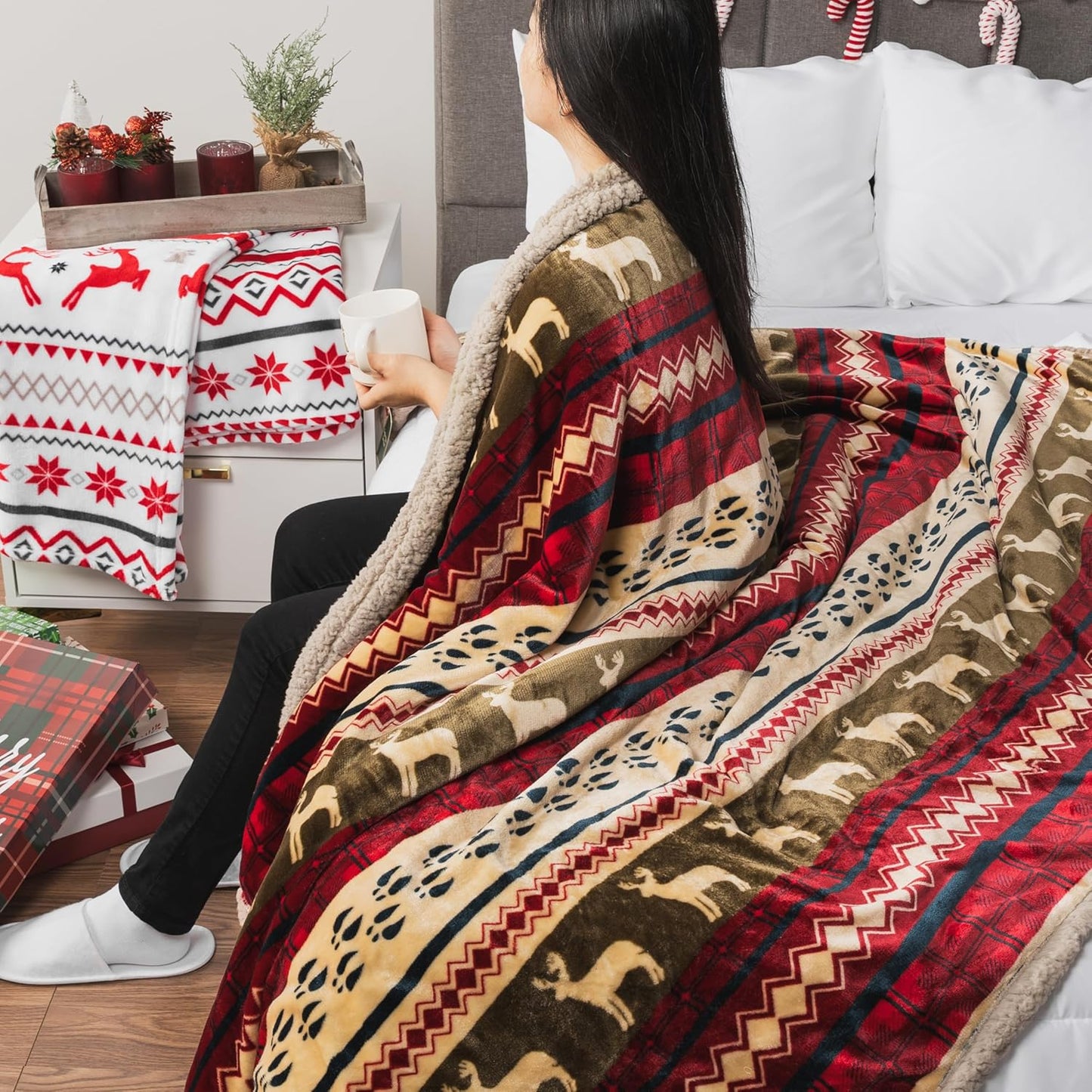PAVILIA Premium Christmas Blanket Sherpa Fleece Throw| Plush Christmas Decoration, Reindeer, Cozy Reversible Winter Holiday Cabin Blanket for Sofa Couch 50x60