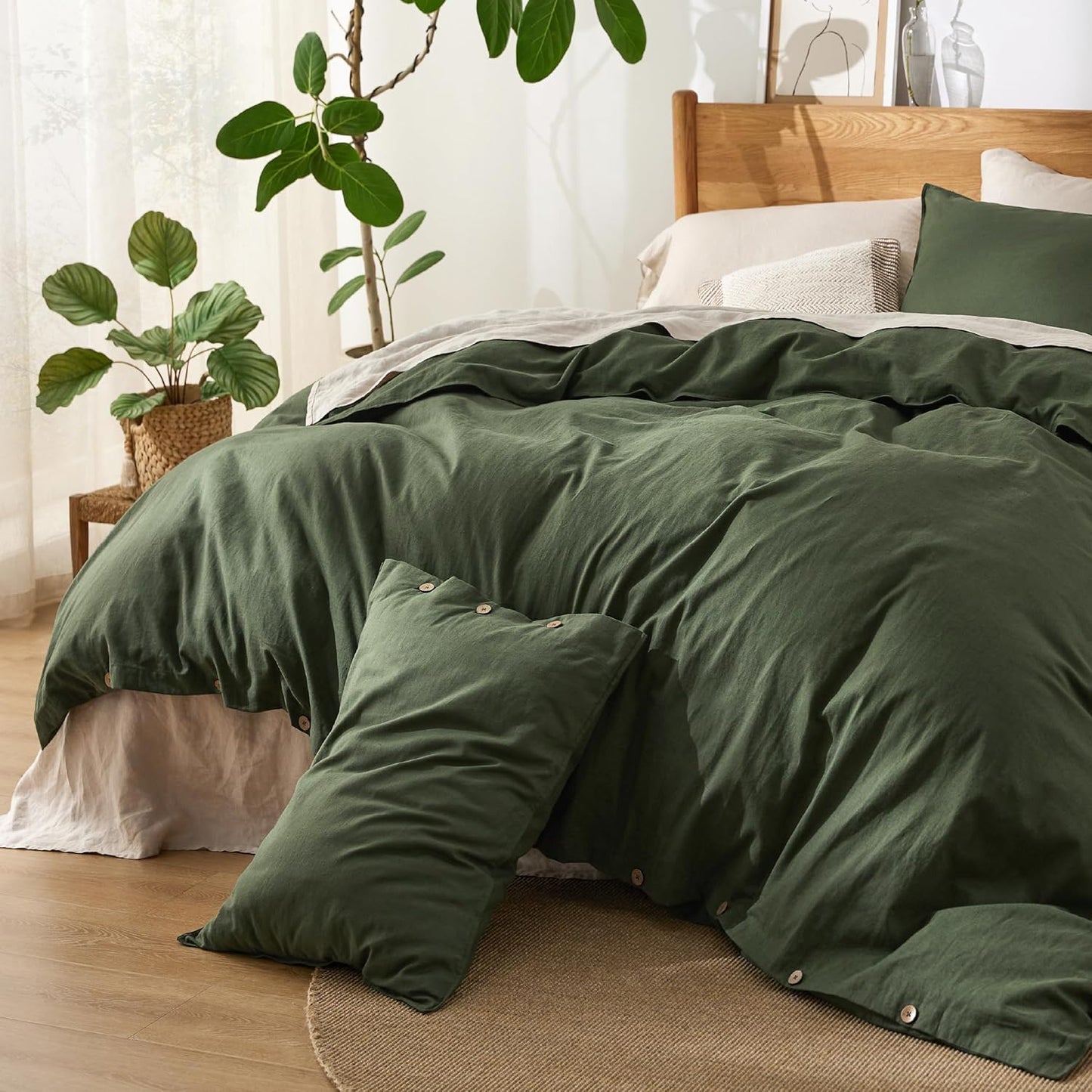 Bedsure Linen Duvet Cover King Size - Linen Cotton Blend Bedding Set, Soft & Cozy, 3 Pieces, 1 Duvet Cover 104x90 and 2 Pillowcases, Olive Green Color Cooling Bedding, Comforter Sold Separately