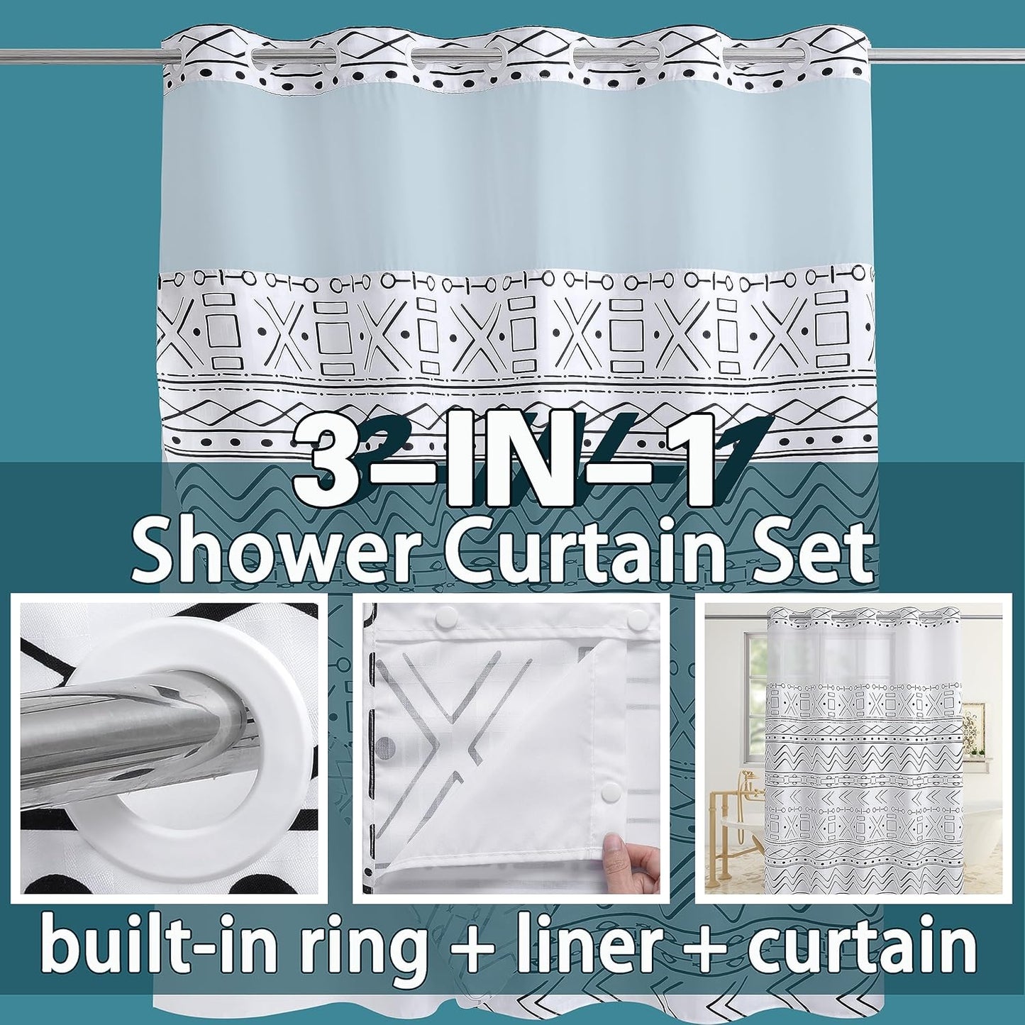 Conbo Mio Extra Long No Hook Boho Shower Curtain with Snap in Liner Set, Hotel Luxury White Shower Curtains for Bathroom with See Through Top Window, Waterproof, Washable 71W x 84H