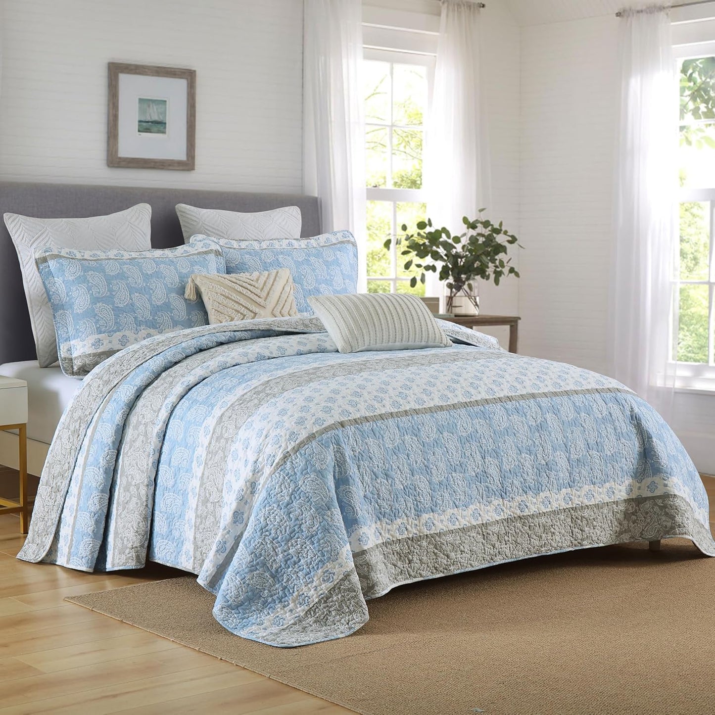 Quilt King Size, Cotton Bedding Set, Blue Striped King Size Comforter Set, Bohemian Bedspread with Shams for All Season, 3 Pieces