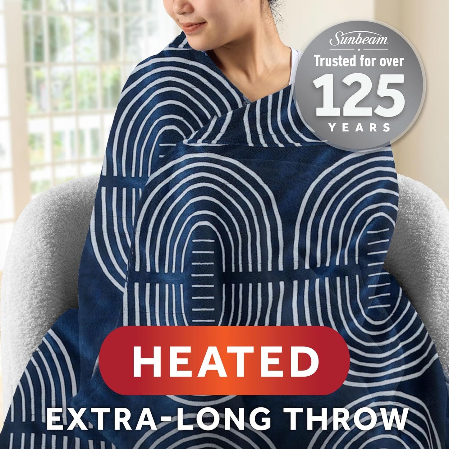 Sunbeam Ultimate Cozy Royal Posh Velvet Hand & Foot Pocket Heated Throw Electric Blanket, 50" x 72", 4 Heat Settings, 4-Hour Auto Shut-Off, Warming Throw for Couch, Machine Washable, Blue Rounds