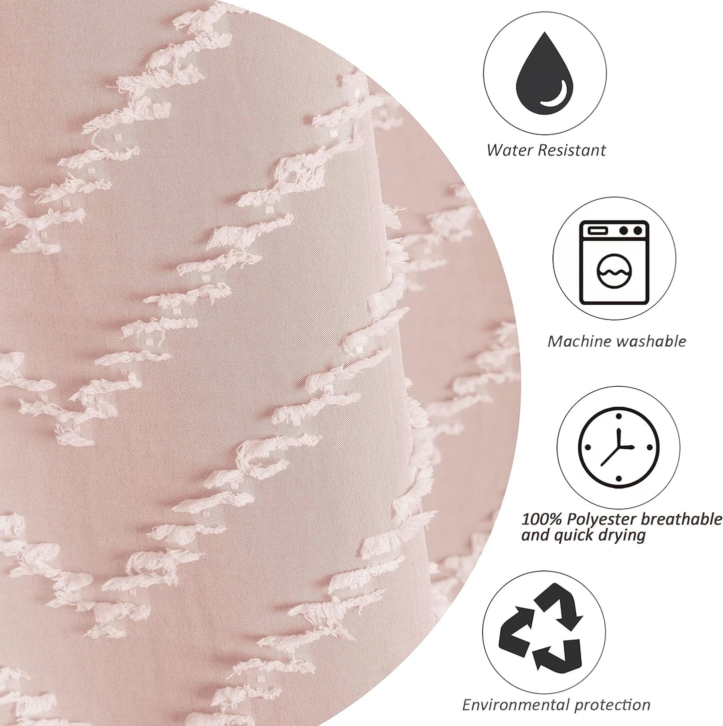 Extra Long Pink Boho Shower Curtain with White Tassel, Woven Fabric 84 in Shower Curtain, Tufted Chevron Striped, 72 x 84, Modern Chic Textured Minimalist Cute Shower Curtain for Bathroom