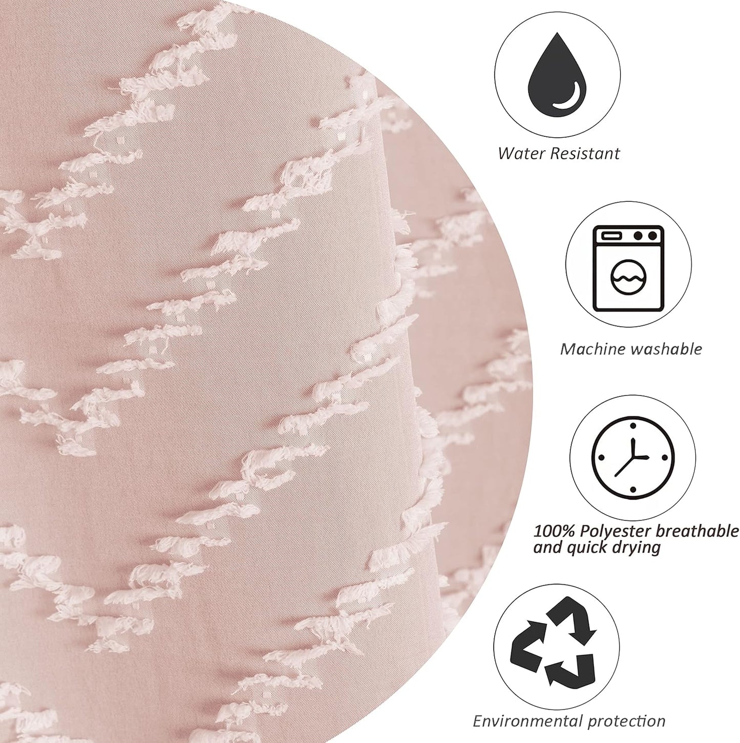 Extra Long Pink Boho Shower Curtain with White Tassel, Woven Fabric Cute Shower Curtain, Tufted Chevron Striped, 72 x 78, Modern Chic Textured Minimalist Bathroom Shower Curtain