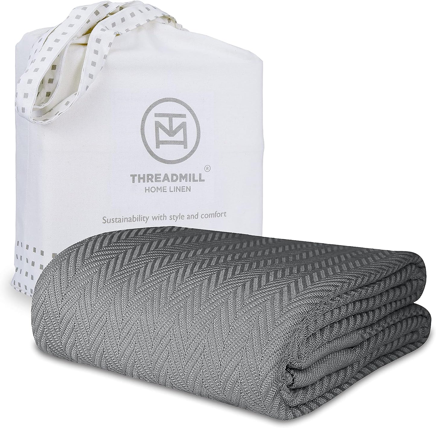 Threadmill Luxury Cotton Blankets for Queen Size Bed | All-Season 100% Cotton Queen Size Blanket | Herringbone Cozy, Soft Breathable Fall Thermal Blanket fits Full Size Bed | Dark Grey
