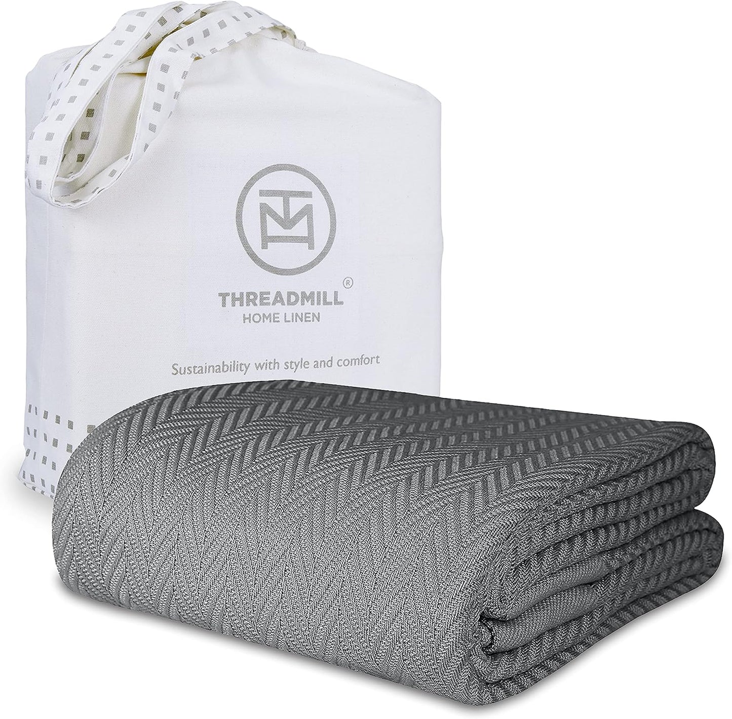 Threadmill Luxury Cotton Blankets for Twin Size Bed | All-Season 100% Cotton Twin Blanket for Bed | Herringbone Soft & Cozy Fall Thermal Blanket, 350GSM, 68x92 inches | Dark Grey