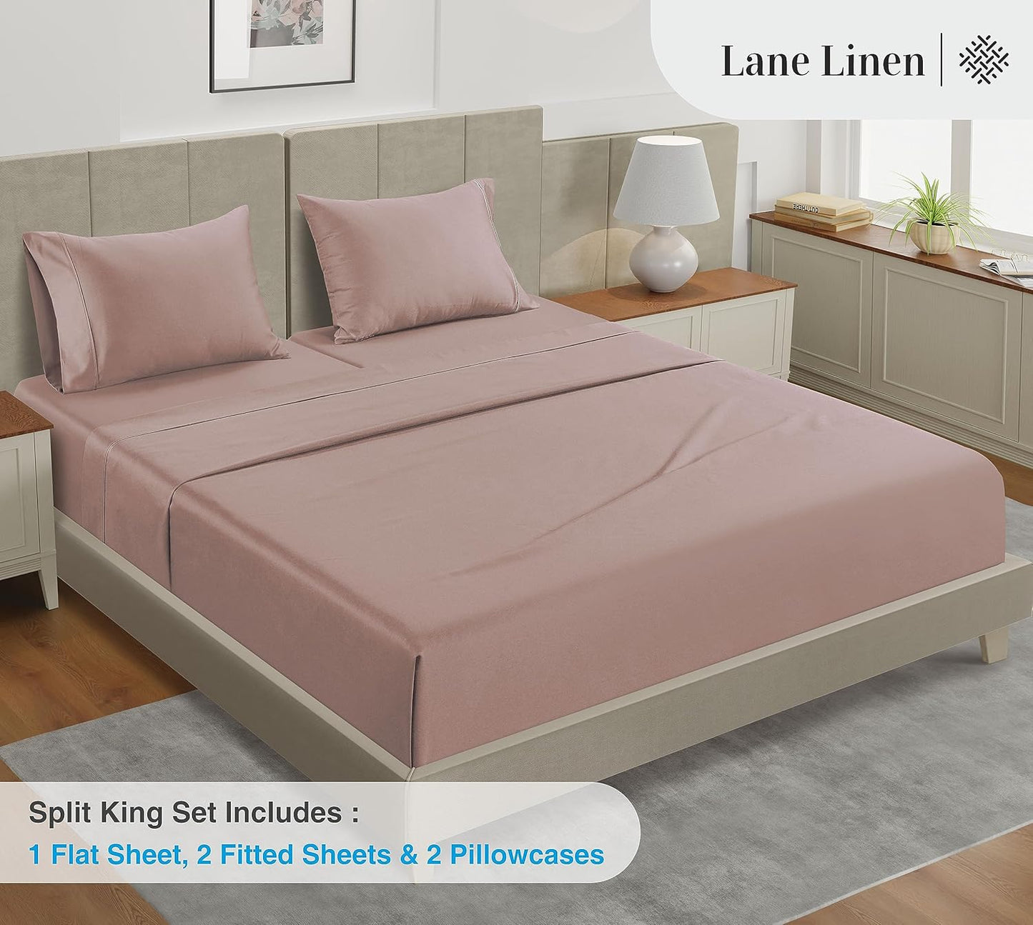 LANE LINEN Split King Sheets Sets – 450 Thread Count 100% Cotton Bed Sheets, Soft & Naturally Cooling, 15” Deep Pocket Fully Elasticized Fitted Sheet, Machine Washable Hotel Bedding, Sepia Rose