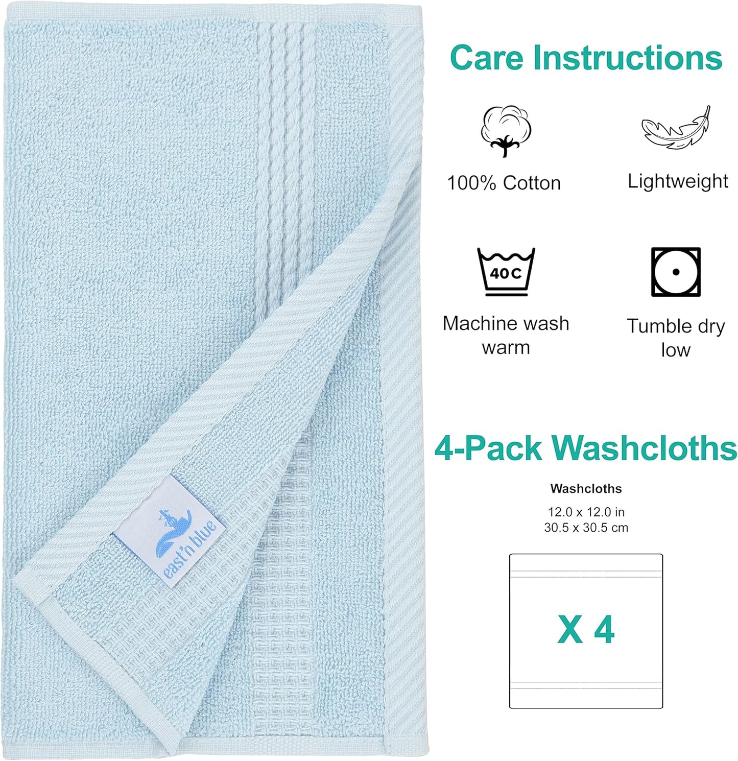 EastNBlue Lara 100% Turkish Cotton Washcloths 4 Pack, Extra Soft & Absorbent Wash Cloths for Face & Body (12" x 12"), Terry Cloth, Small Hand Towels for Bathroom, Ice Blue