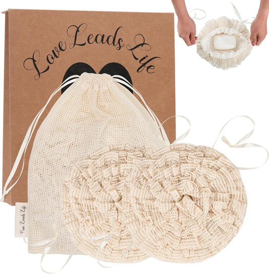 Bamboo Washcloth & Ramie Loofah – Dual‑Sided Body Scrubber for Bath & Shower – Patent Pending - Gentle Exfoliation, Sensitive Skin Spa Tool – Large Loofah with Bar Soap Pouch, Cotton Wash Bag, 2 Pack