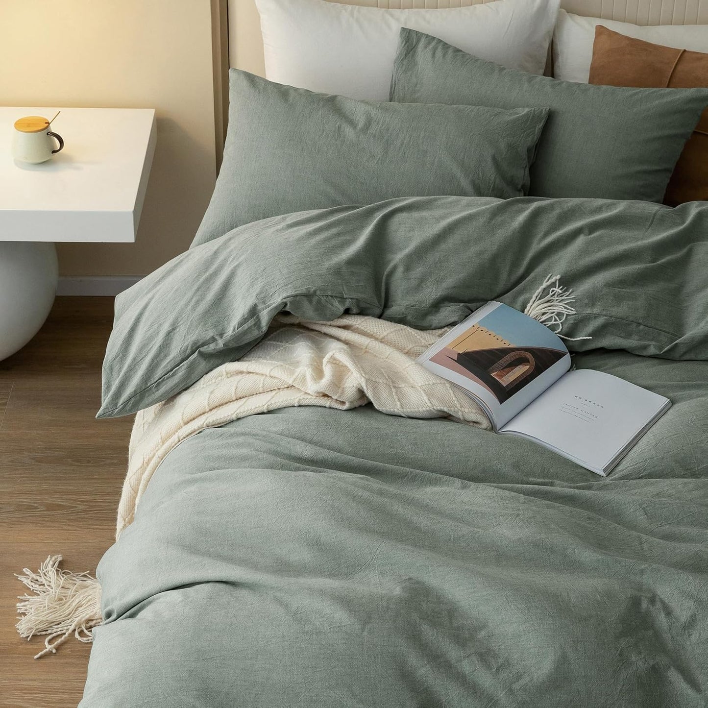 JIYUAN 100% Washed Cotton Duvet Cover Set 3 Pieces Full, 1 Duvet Cover 80x90 Inches(Comforter Not Included) and 2 Pillowcases,Linen Feel Bedding Set Comfy and Breathable, Heathered Green