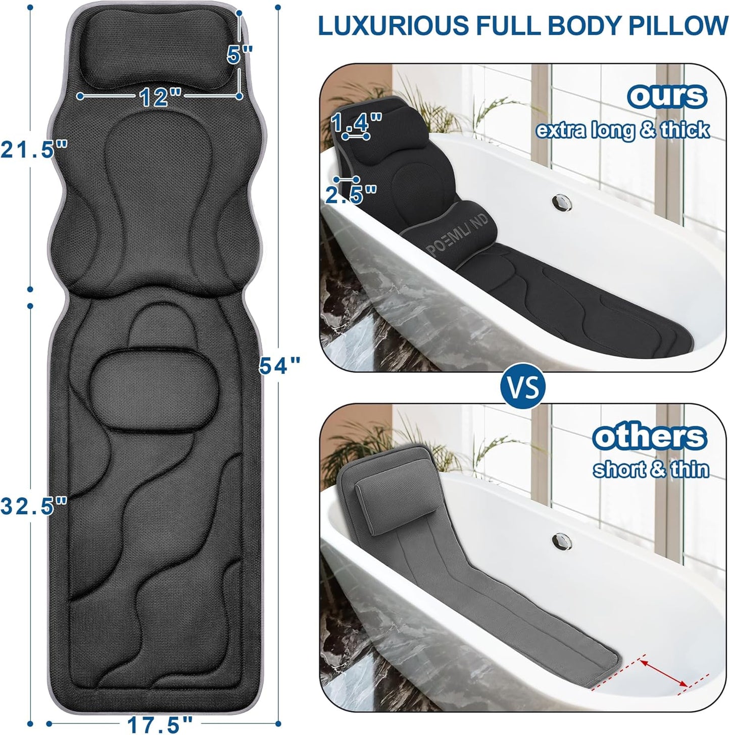 Luxury Full Body Bath Pillows for Tub-Extra Thick Bathtub Cushion with Lumbar Pillow for Neck and Back Support, Bath Accessories, Gift for Relaxing, Soaking, Spa