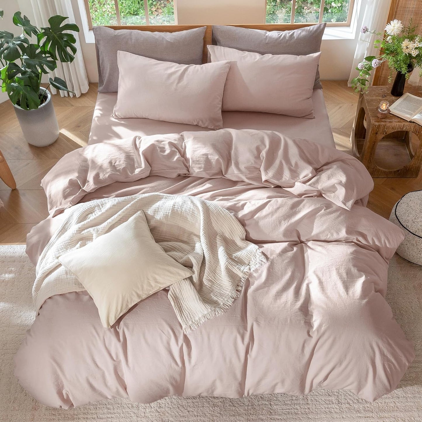 MooMee Bedding Duvet Cover Set 100% Washed Cotton Linen Like Textured Breathable Durable Soft Comfy (Heathered Greyish Pink, Palatial King/Oversized King 120"x98")