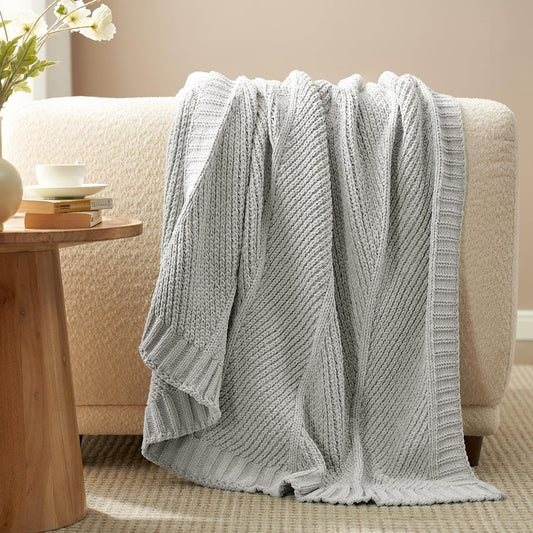 Amélie Home Chevron Chenille Knit Throw Blanket for Couch, Cozy Texture Decorative Soft Blanket for Sofa & Chair, 60"x80", Light Grey