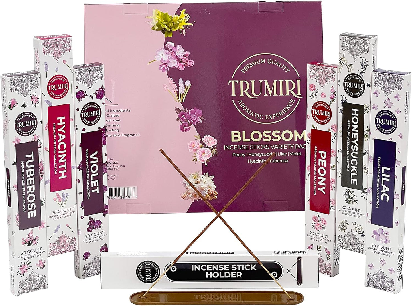 Blossom Incense Sticks Variety Pack - 120 Insence-Sticks (6 Incents x 20 Insense) - Peony Honeysuckle Lilac Violet Hyacinth Tuberose - Natural Inscents-Sticks Non Toxic Incienso + Stick Incense Holder