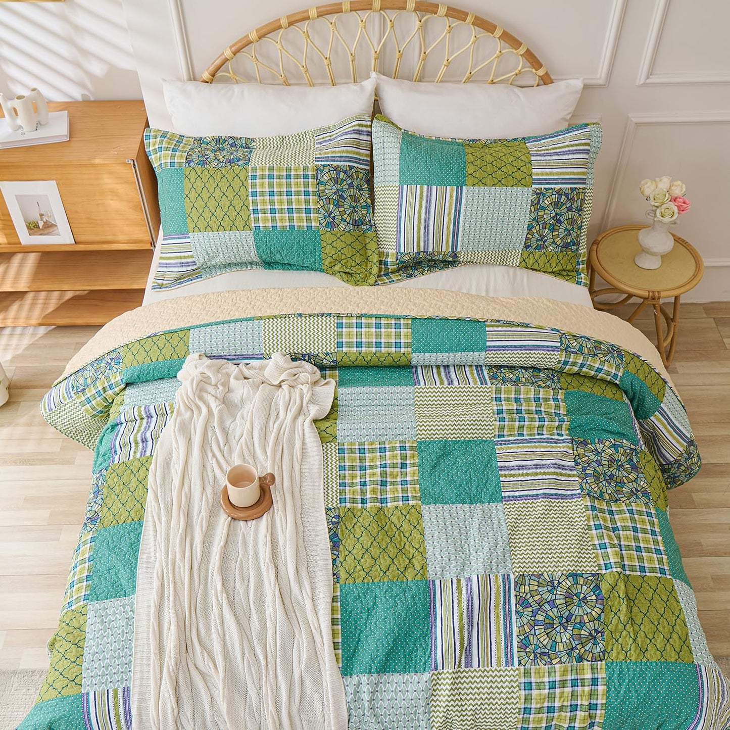 Cmfshape Quilt Sets Bedspread Set 100% Cotton Green Plaid Patchwork Bedding Set, All Season Use Lightweight Reversible Coverlet Quilts with 2 Pillow Shams(Queen 90"x96")