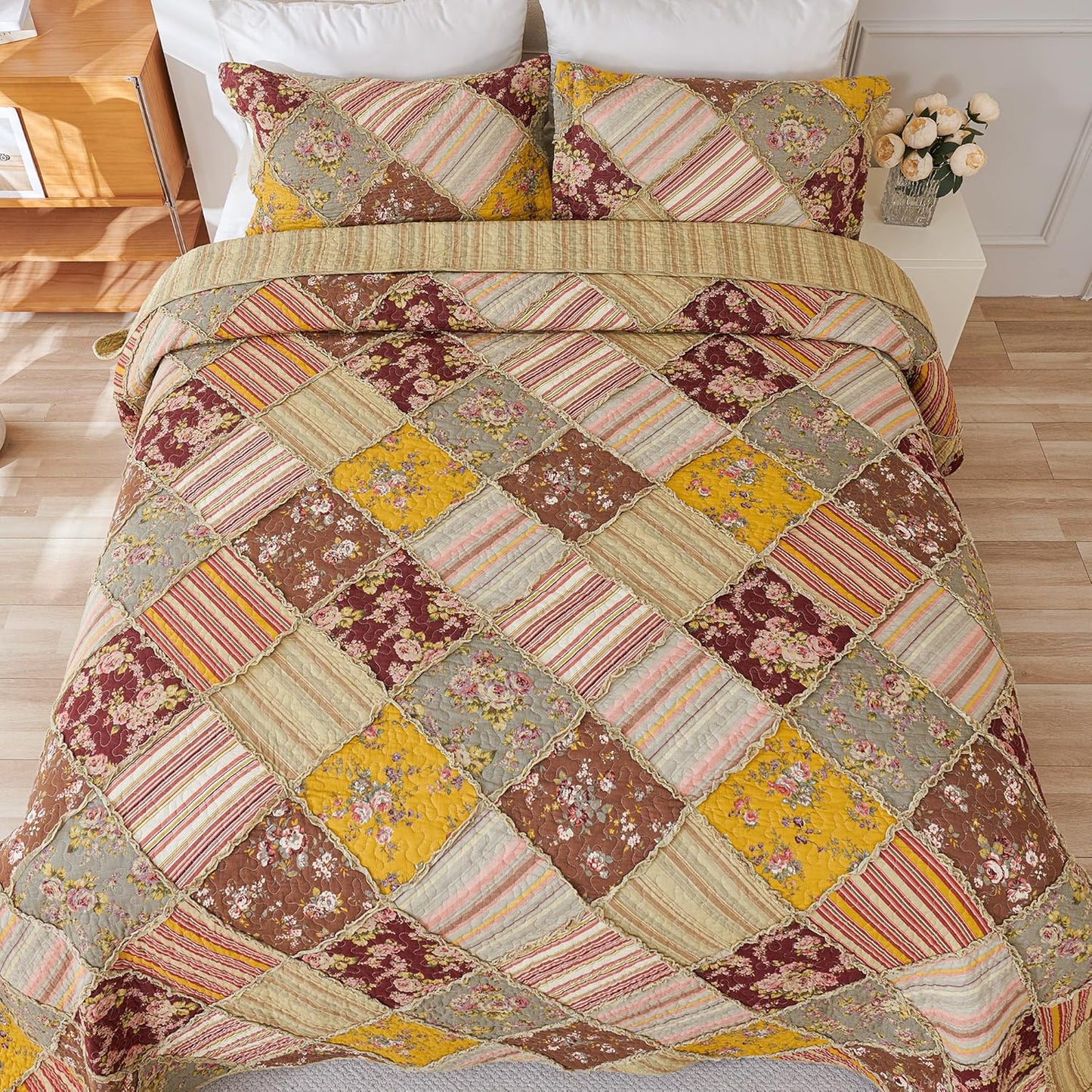 Cmfshape Floral Quilt Sets Bedspread Set 100% Cotton Patchwork Bedding Set, All Season Use Lightweight Reversible Coverlet Quilts with 2 PillowShams(King 106"x96")