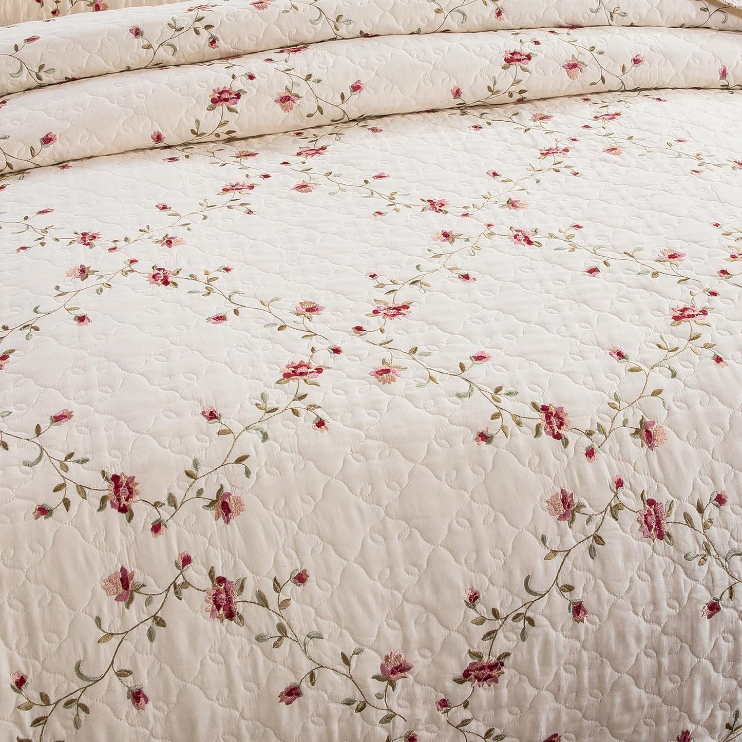 Quilt Set Classical 3D Floral Embroidery Pattern 3-Piece Cotton Reversible Quilted Embroidered Decorative Bedspreads Coverlet Bedding Set, Lightweight &Soft,Beige,King Size