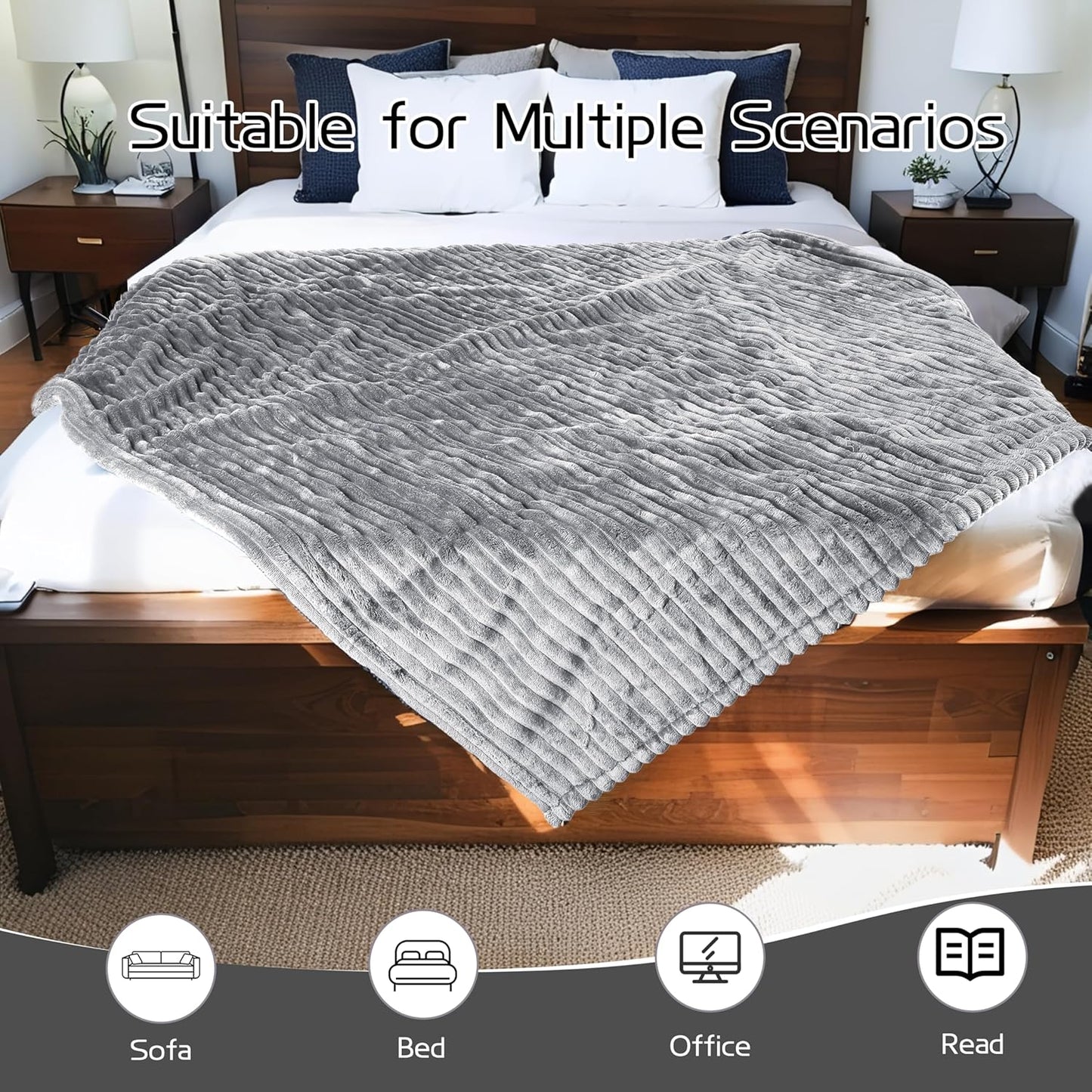 Electric Heated Blanket Full-Size 72x84 Inch - Ultra Soft Silky Flannel with Ribbed Texture, 10 Heating Levels and 12 Hours Auto-Off Feature - Grey