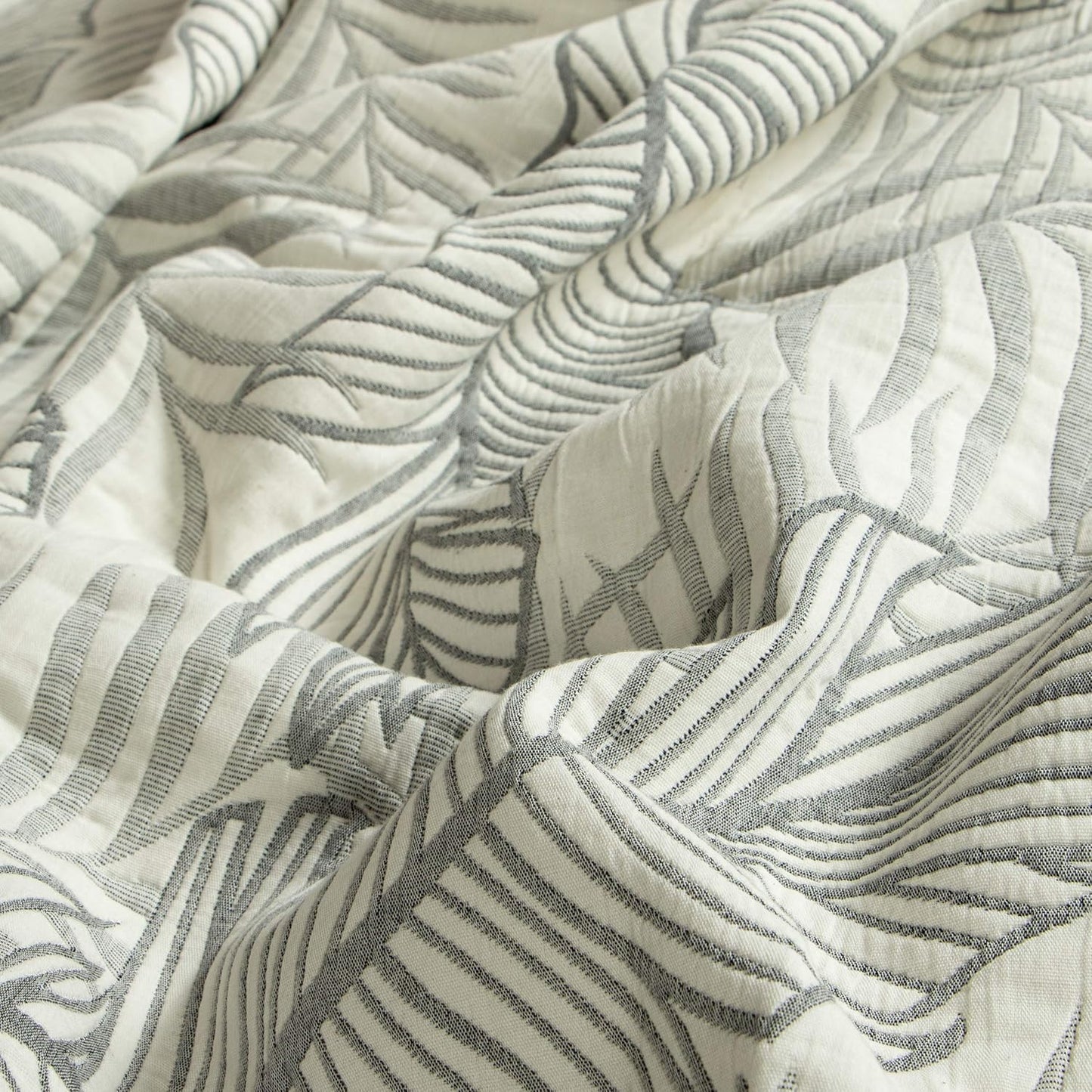 NTBAY 3 Layers Cotton Muslin 88x92 Queen Bed Blanket, Super Soft Breathable Thermal Yarn Dyed Quilt for Adults, Perfect Lightweight Blanket for Couch Sofa Bed All Seasons, Dark Grey Leaf