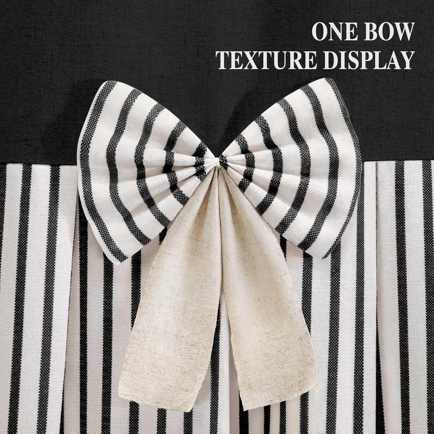 Farmhouse Shower Curtain Linen Blcak Bow Woven Fabric Country Rustic Western, Pleated Black Stripe 72" W x 72" L