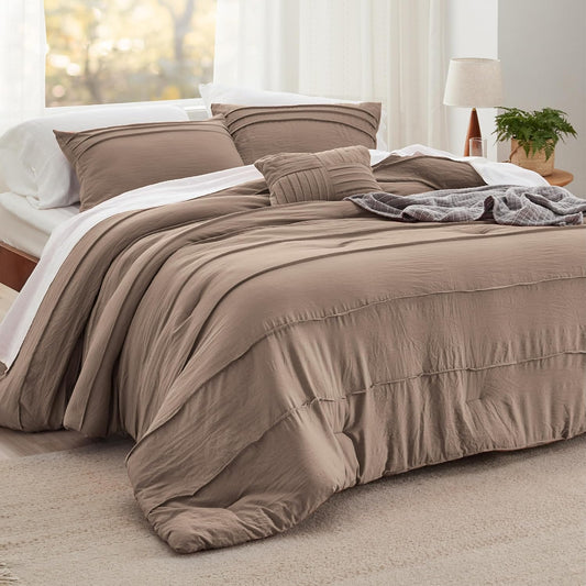 Bedsure California King Comforter Set - 4 Pieces Pinch Pleat Bed Set, Brown Boho Bedding for All Season, 1 Soft Comforter, 2 Pillowcases, 1 Decorative Pillow