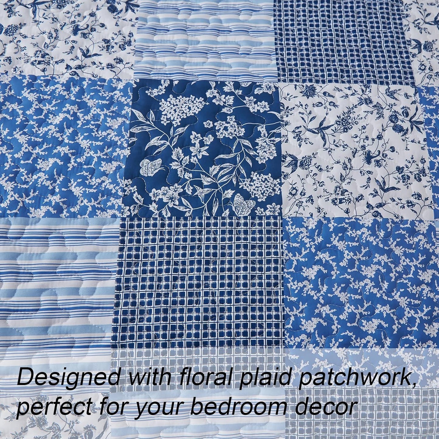 Mybedsoul Blue Boho Quilt Set Queen Size,3 Pieces Plaid Floral Bedspread Coverlet Set for All Season,Patchwork Reversible Bedding Set Queen 90"x96"