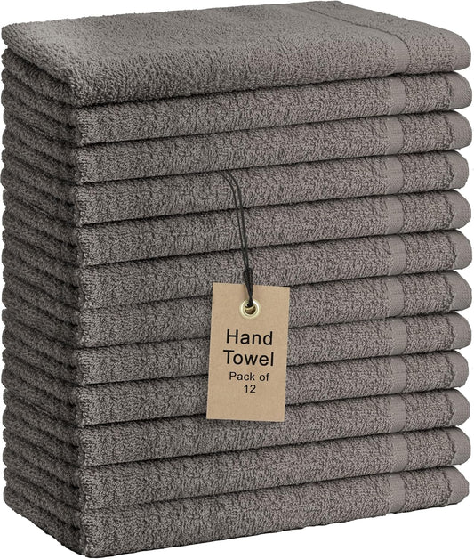 Basic Hand Towels 16x26 Inches – Pack of 12 – Grey Color – Soft and Absorbent Multipurpose Cotton Towels for Bathroom, Spa, Gym, Salon, Hotel, and Everyday Use