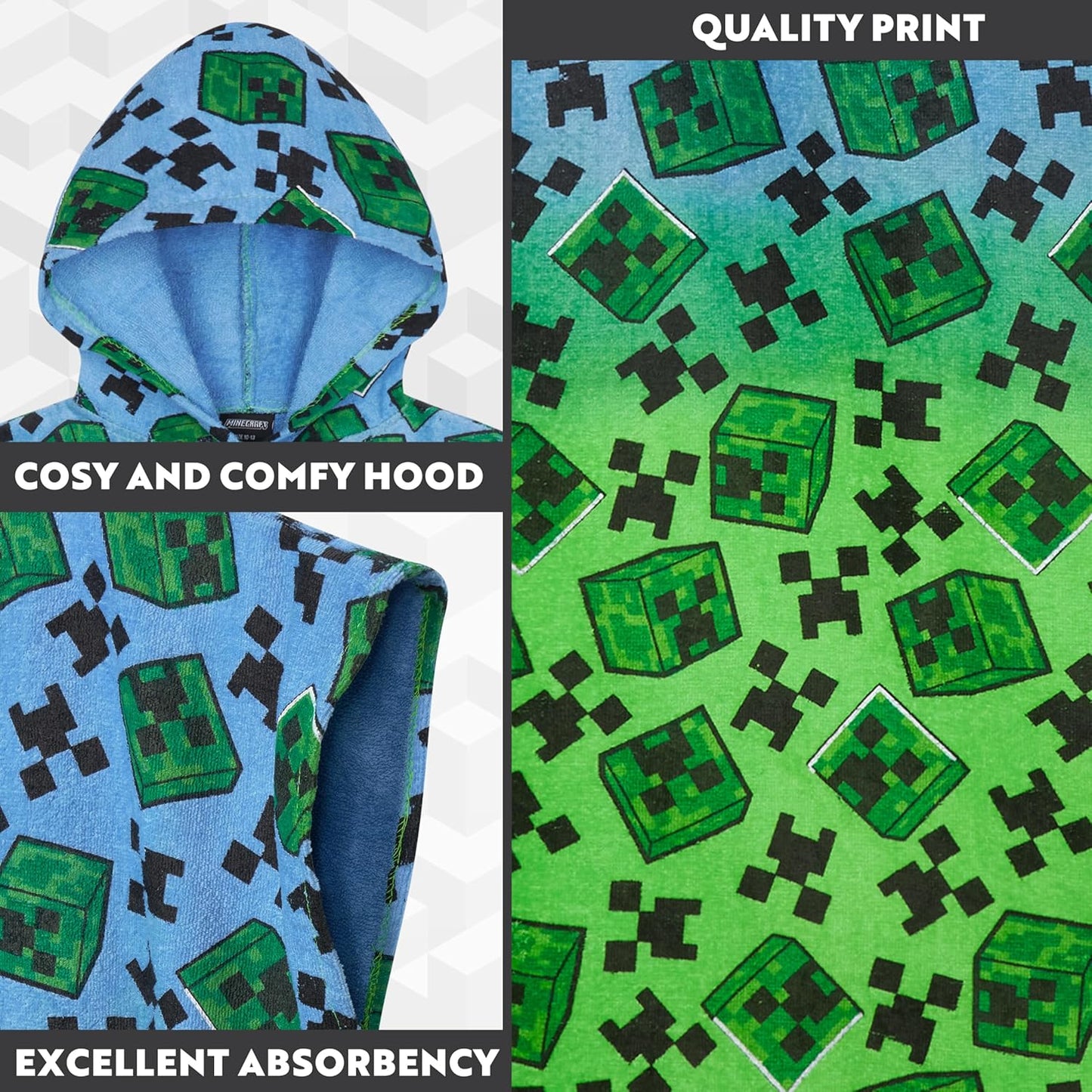 Minecraft Towelling Poncho Kids Teens Hooded Bath Towels Absorbent Beach Towel (Multi, 6-9 Years)